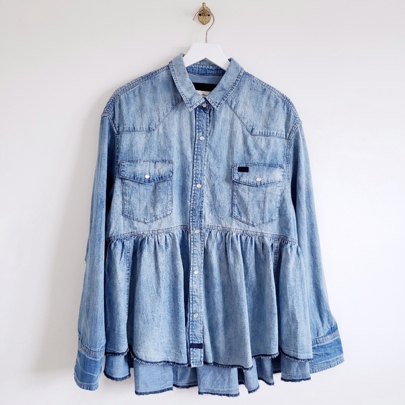 Free People Dylan Babydoll Snap Front Chambray Top - Picture 7 of 14